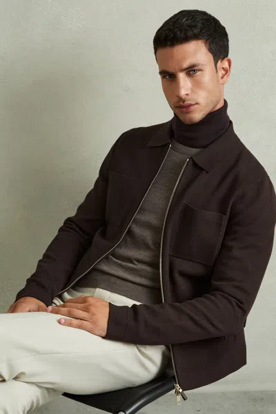 Reiss Chocolate Brown Knitted Zip Through Jacket