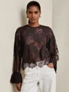 Reiss Womens Chocolate Brown Emilia Flared-cuff Lace Blouse In Brown