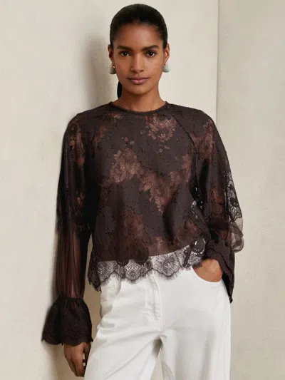 Reiss Chocolate Brown Lace Flared Cuff Blouse