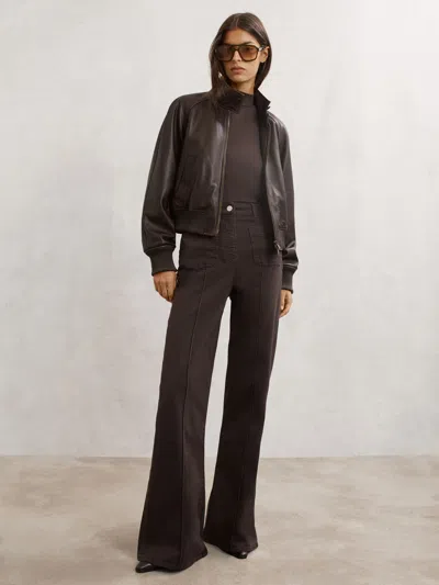 Reiss Chocolate Brown Leather Funnel-neck Bomber Jacket