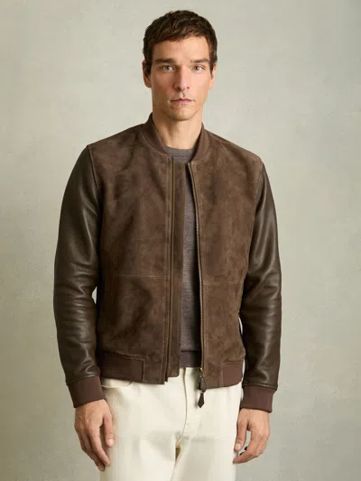 Reiss Chocolate Brown Leather-sleeve Suede Bomber Jacket