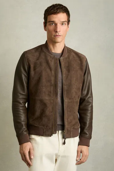 Reiss Chocolate Brown Leather-sleeve Suede Bomber Jacket In Chocolate Brown