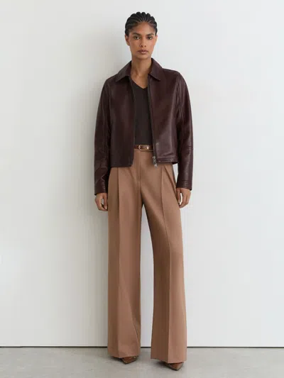 Reiss Chocolate Brown Leather Zip-through Moto Jacket