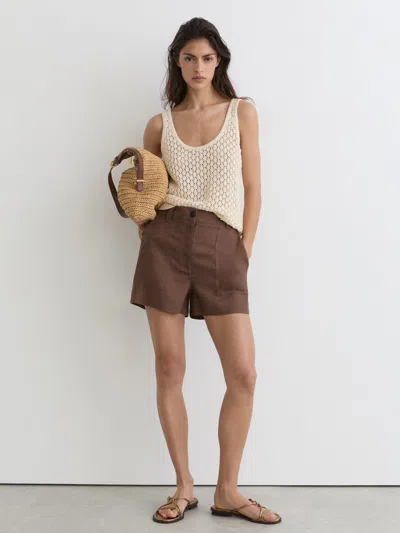 Reiss Chocolate Brown Linen Chambray Shorts In Animal Print