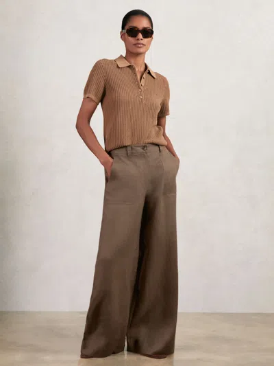 Reiss Chocolate Brown Linen Wide Leg Trousers
