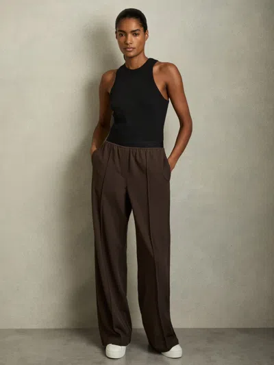 Reiss Chocolate Brown Lucia Wide Petite Wide-leg Elasticated-waistband Trousers
