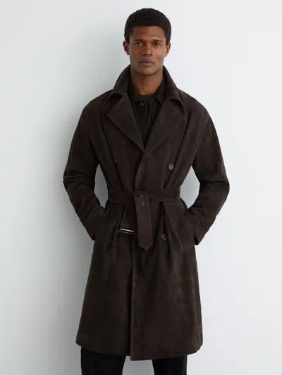 Reiss Chocolate Brown Suede Double-breasted Trench Coat