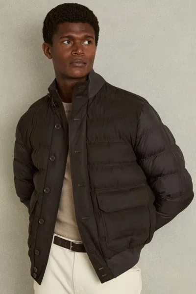 Reiss Chocolate Brown Patch-pocket Quilted-alcantara Jacket