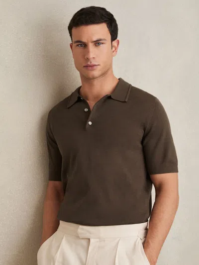 REISS CHOCOLATE BROWN MERINO WOOL SHORT-SLEEVE POLO SHIRT