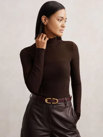 Reiss Chocolate Brown Mesh Funnel-neck Knit Top