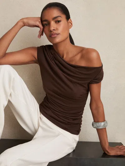 Reiss Chocolate Brown Modal-blend Ruched Off-shoulder Top