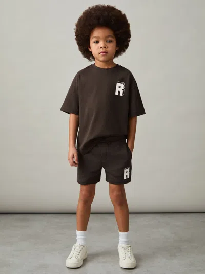Reiss Chocolate Brown / Off White 3-9 Yrs Jersey Drawstring R Print Shorts