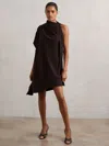 Reiss Chocolate Brown One-shoulder Draped Mini Dress In Brown