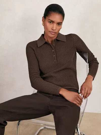 Reiss Chocolate Brown Open-knit Long-sleeve Polo Top