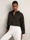 Reiss Chocolate Brown Oversize Cotton Cropped Shirt In Brown