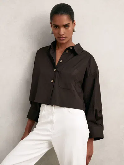 Reiss Chocolate Brown Oversize Cotton Cropped Shirt