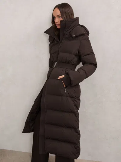 Reiss Chocolate Brown Petite Belted Longline Hooded Puffer Coat