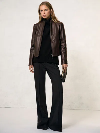Reiss Chocolate Brown Petite Leather Collarless Biker Jacket