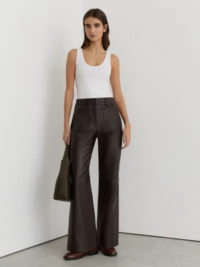 Reiss Chocolate Brown Petite Leather Patch-pocket Flared Trousers