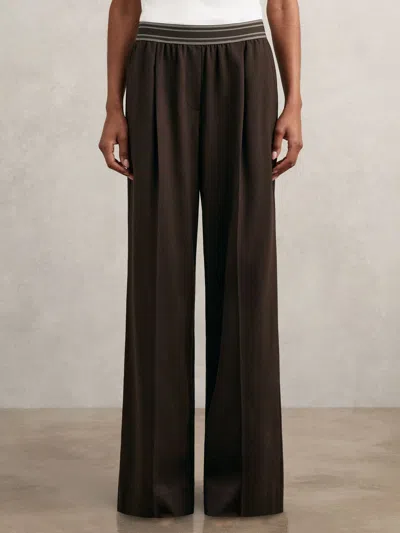 Reiss Chocolate Brown Petite Wide-leg Contrast-waistband Trousers