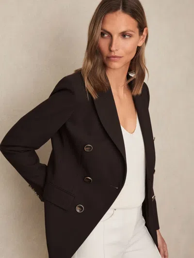 Reiss Chocolate Brown Petite Wool-blend Double-breasted Blazer In Black