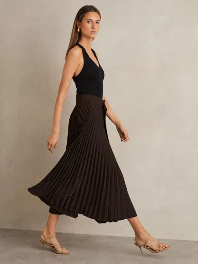 Reiss Chocolate Brown Pleated Belted Midi Skirt