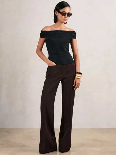 Reiss Chocolate Brown Priya Twill Patch-pocket Flared Trousers In Black