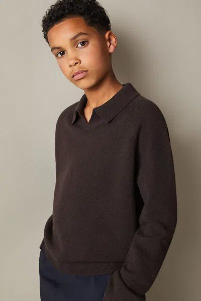 Reiss Chocolate Brown Senior Wool-cashmere Open-collar Jumper