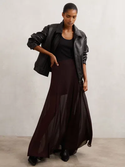 Reiss Chocolate Brown Sheer Textured Maxi Skirt In Black