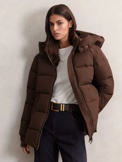 Reiss Chocolate Brown Short Hooded Puffer Coat
