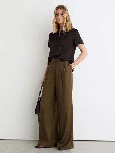 Reiss Chocolate Brown Silk Half-button Short-sleeve Shirt In Green