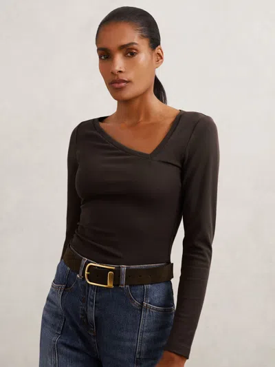 Reiss Womens Chocolate Brown Felicity Asymmetric-neck Stretch-cotton Top Xs