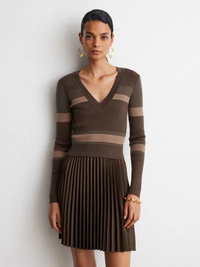 Reiss Chocolate Brown Striped Knit Mix Pleated Mini Dress
