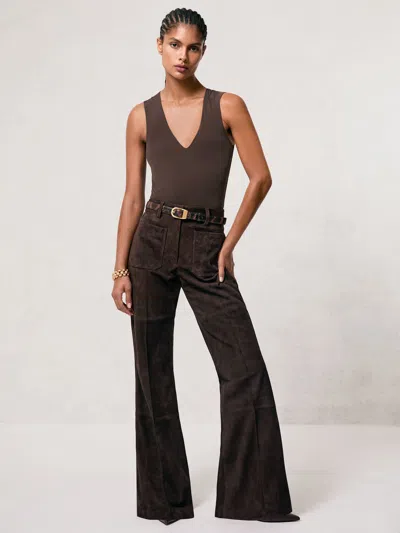 Reiss Chocolate Brown Suede High-rise Flared Trousers