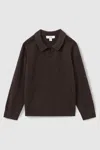 REISS CHOCOLATE BROWN GRANGE TEEN WOOL-CASHMERE OPEN COLLAR POLO SHIRT