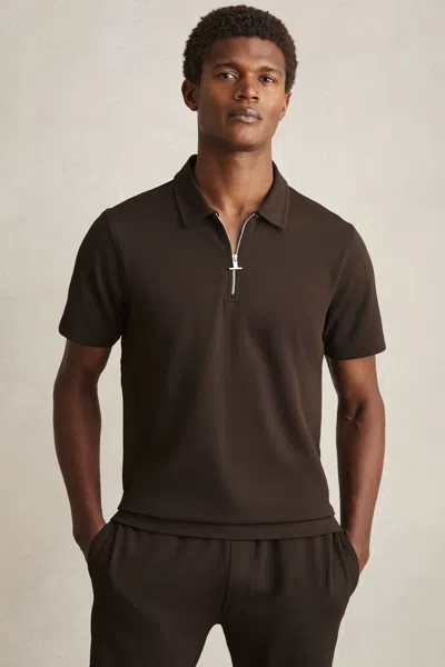Reiss Chocolate Brown Textured Half-zip Polo Shirt