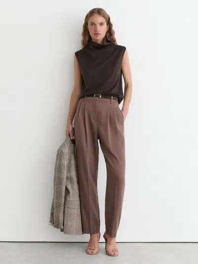 Reiss Chocolate Brown Wool Funnel-neck Sleeveless Knit Top