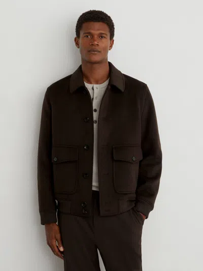 Reiss Chocolate Brown Wool-blend Flap-pocket Bomber Jacket