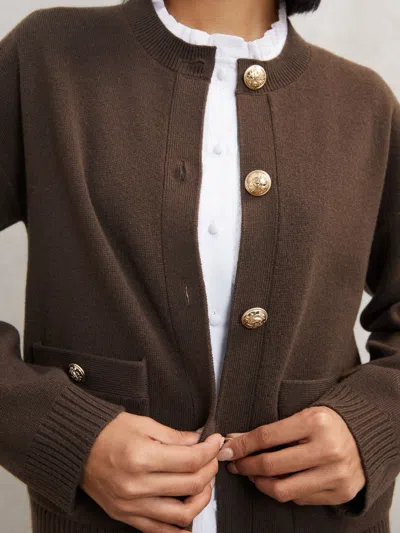 Reiss Chocolate Brown Wool-cashmere Crew-neck Cardigan