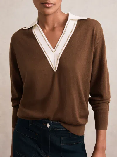 Reiss Chocolate Brown/ivory Wool Collared Cricket Jumper