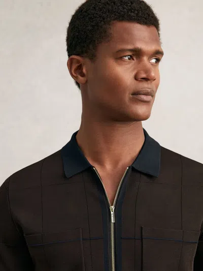 Reiss Chocolate Brown/navy Blue Compact-knit Tipped Zip-through Shirt