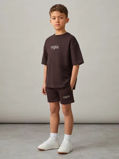 Reiss Chocolate Brown/off White Cotton-blend Airlines-print Shorts
