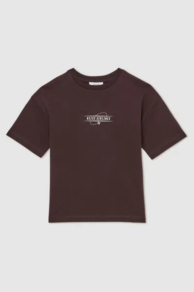 Reiss Kids' Chocolate Brown/off White Cotton Airlines-print Oversize T-shirt