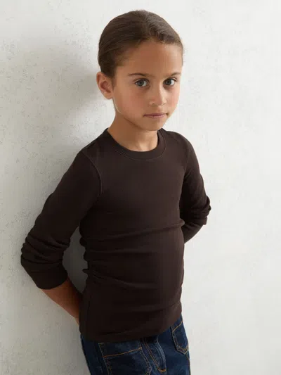 Reiss Chocolate Cotton Ruched Long-sleeve T-shirt With Stretch In Brown