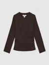 Reiss Kids'  Chocolate Trina Cotton Ruched Long Sleeve T-shirt With Stretch In Brown