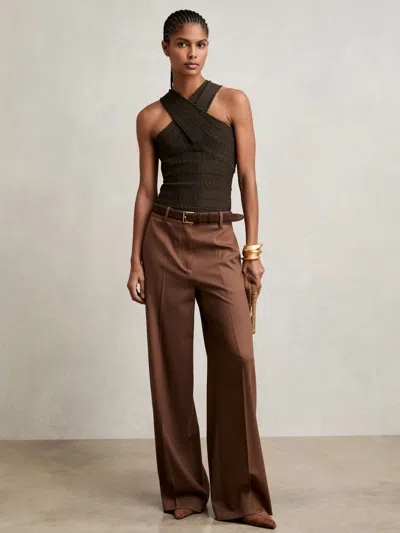 Reiss Chocolate Cross Neck Textured Top In Brown
