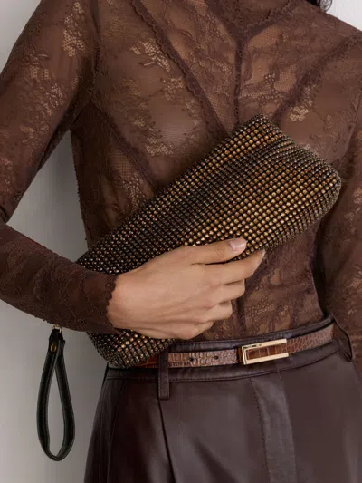 Reiss Chocolate Crystal Embellished Pouch Clutch Bag
