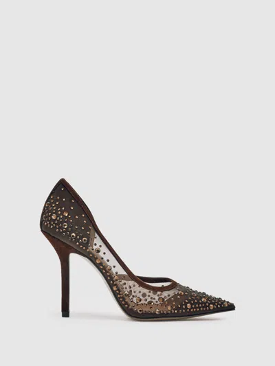Reiss Chocolate Crystal-embellished Mesh Court Shoes In Brown