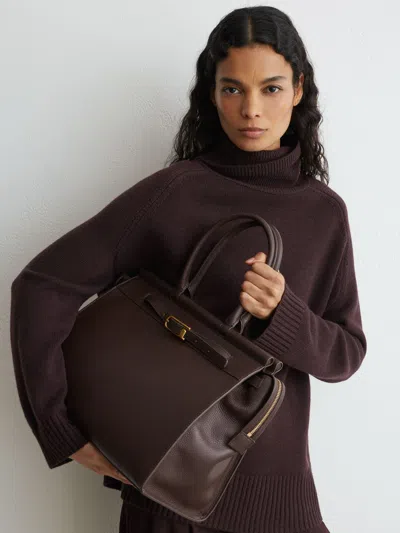 Reiss Chocolate Ember Leather Structured Tote Bag