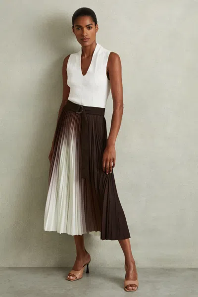 REISS CHOCOLATE EMILIANA PLEATED CREPE OMBRÉ MIDI SKIRT 